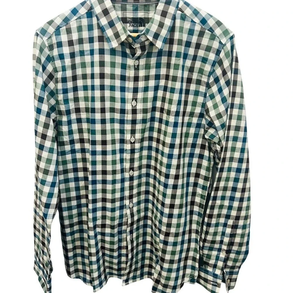 The North Face Mens Medium Blue Green Gingham Plaid Long Sleeve Button Shirt